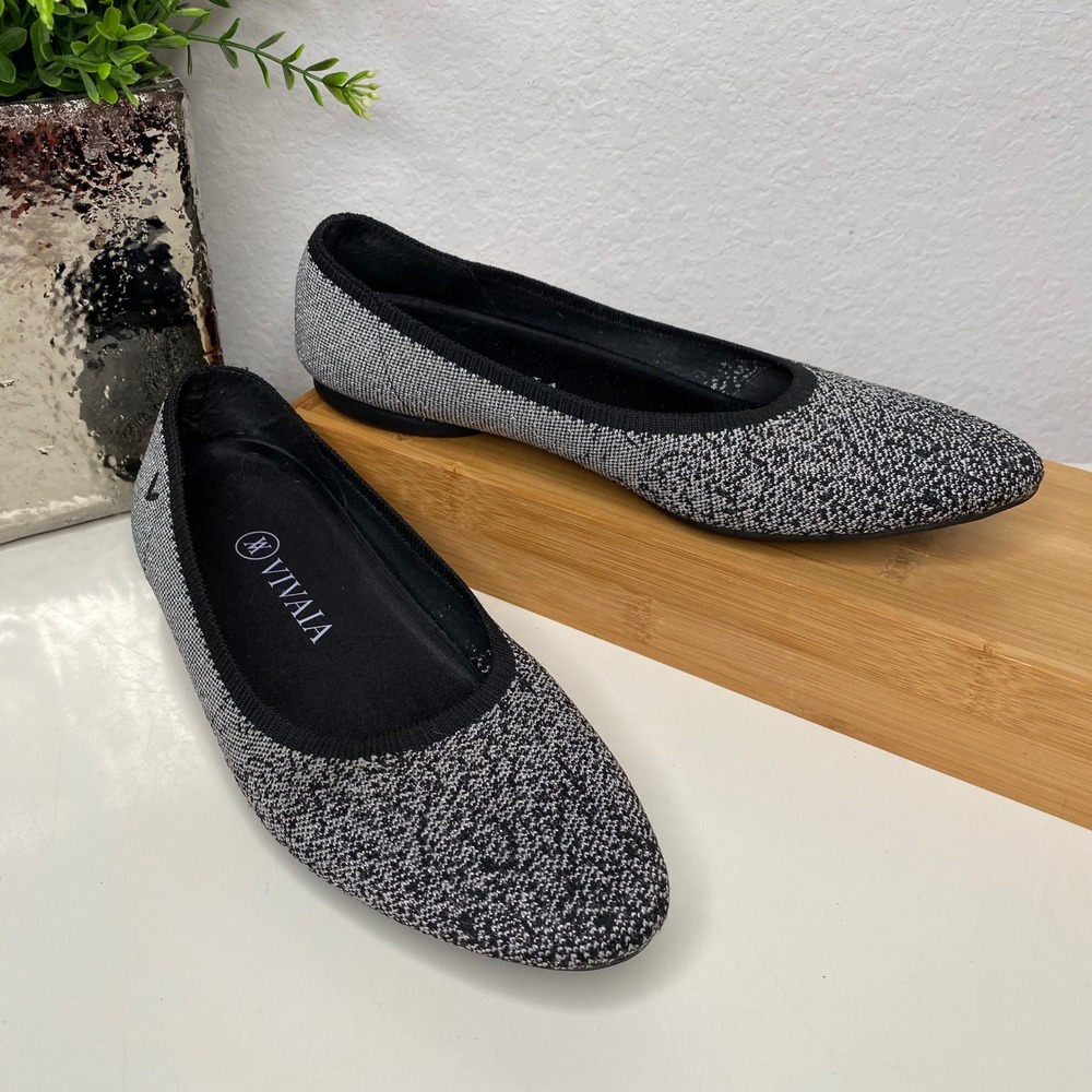 Vivaia Tamia 2.0 Almond Toe Flats Black and Metallic Silver Marled Knit 39EU/8US